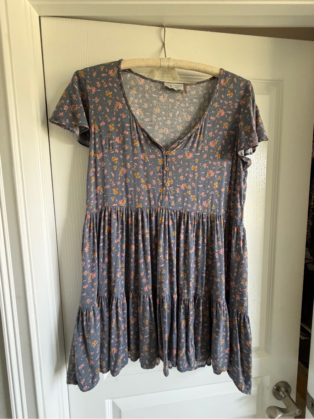 Dress Forum Blue-Gray Floral V-Neck Babydoll Dress